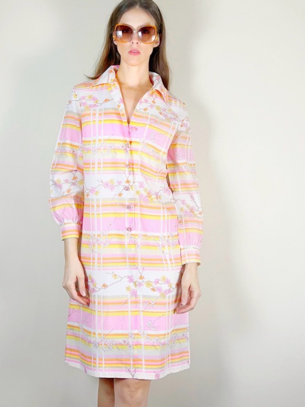 Vintage 70s Pink and Yellow Midi Shirt Dress